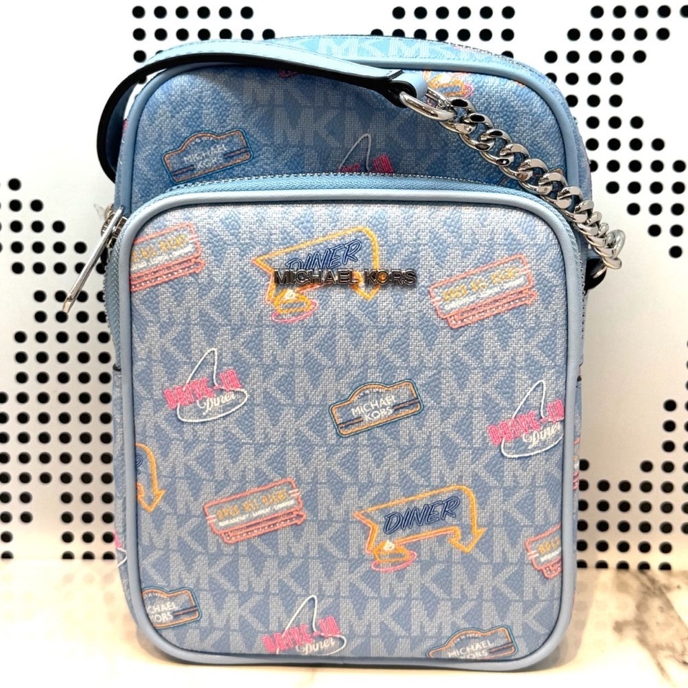 Michael Kors Medium Jet Set Travel NS Chain Xbody Bag Light Sky Multi